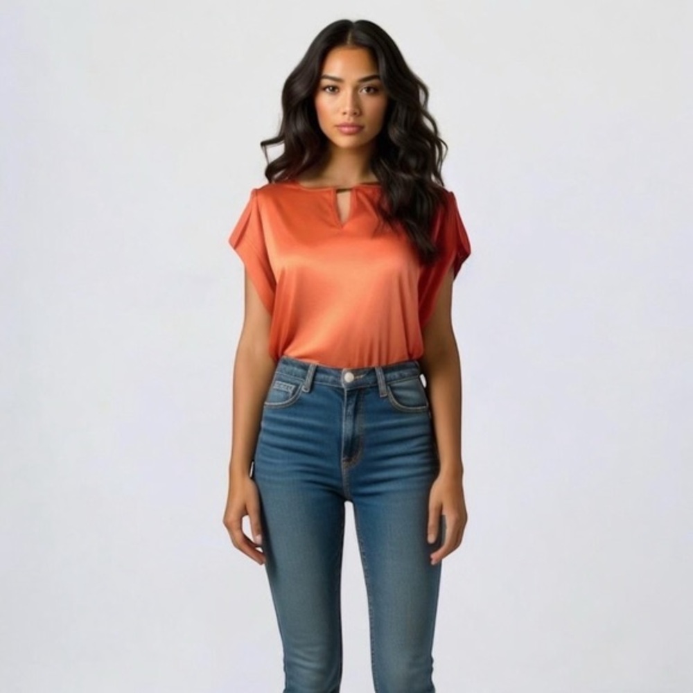 Calvin Klein Womens Short Sleeve Coral Blouse Pink Orange Size Medium EUC